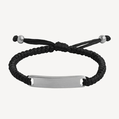 Mens Black Braided Cord Bracelet with Stainless Steel ID Plate - Adjustable Size