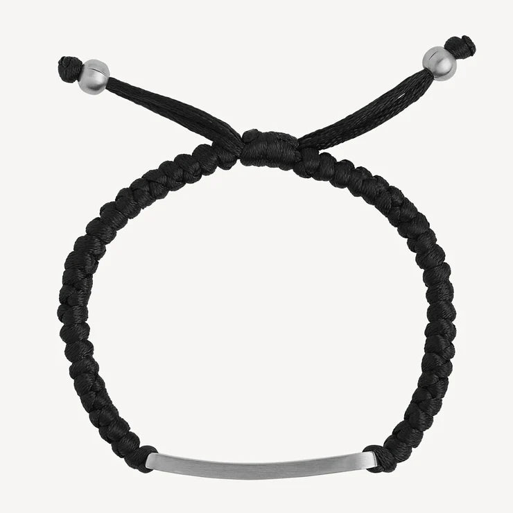 Mens Black Braided Cord Bracelet with Stainless Steel ID Plate - Adjustable Size