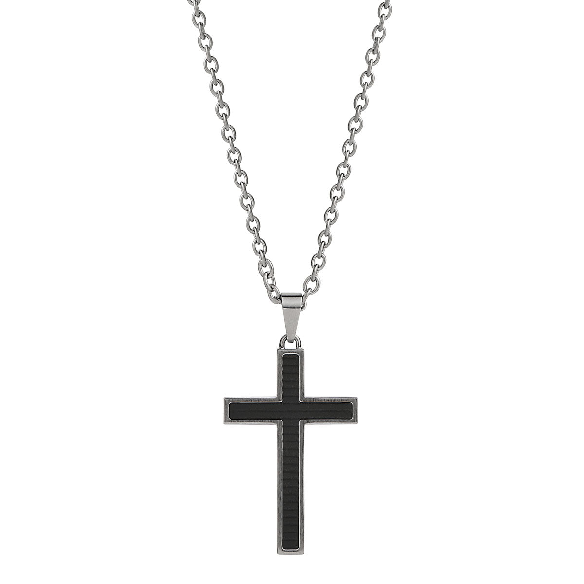 Mens Stainless Steel and Black Carbon Fibre Cross Pendant 25x40mm on Chain - 55cm