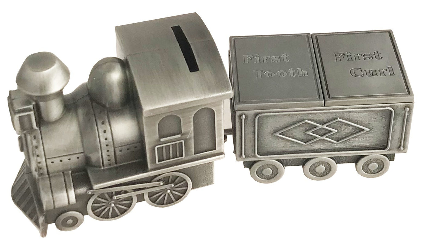 MINI TRAIN TOOTH & CURL MONEY BOX - PEWTER FINISH